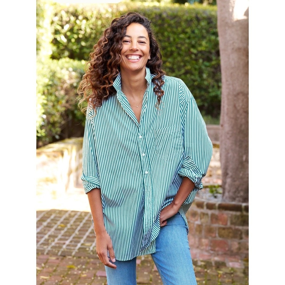 Frank and Eileen SHIRLEY Striped Button Up Shirt Kelly Green White Oversized L